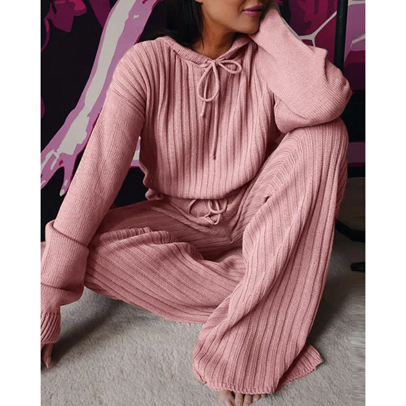 Loungewear- Essential Ribbed 2-Piece Loungewear - Cotton Blend Hooded Pullover and Pants- Pink- Pekosa Women Clothing