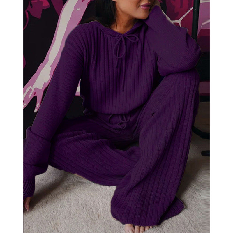 Loungewear- Essential Ribbed 2-Piece Loungewear - Cotton Blend Hooded Pullover and Pants- Purple- Pekosa Women Clothing