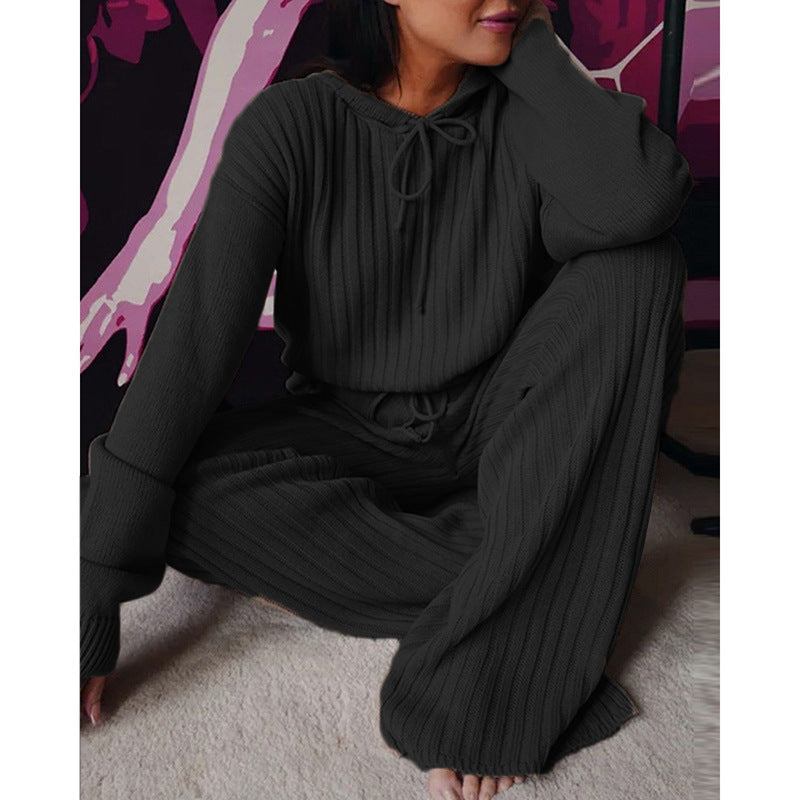 Loungewear- Essential Ribbed 2-Piece Loungewear - Cotton Blend Hooded Pullover and Pants- Black- Pekosa Women Clothing