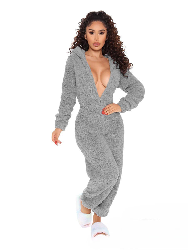 Loungewear- Faux Fur Loungewear Hooded Bear Suit Coveralls- - Pekosa Women Clothing