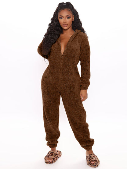 Loungewear- Faux Fur Loungewear Hooded Bear Suit Coveralls- Coffee- Pekosa Women Clothing