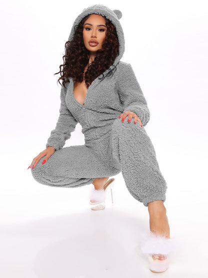 Loungewear- Faux Fur Loungewear Hooded Bear Suit Coveralls- Grey- Pekosa Women Clothing