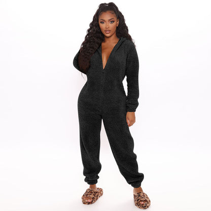 Loungewear- Faux Fur Loungewear Hooded Bear Suit Coveralls- Black- Pekosa Women Clothing