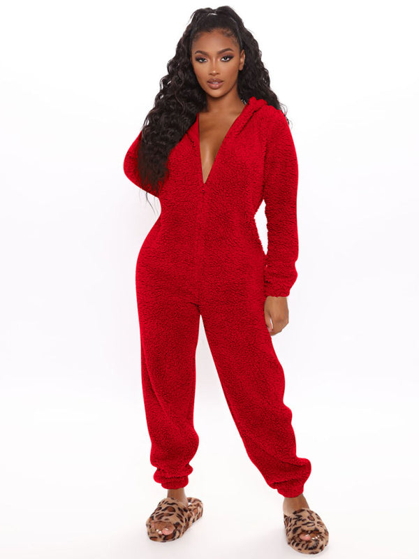 Loungewear- Faux Fur Loungewear Hooded Bear Suit Coveralls- Red- Pekosa Women Clothing