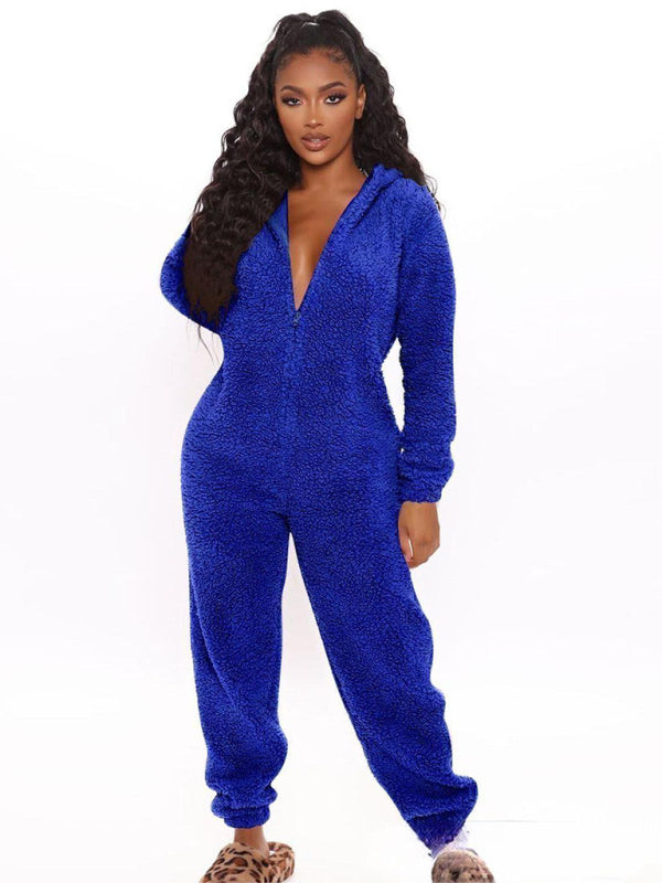 Loungewear- Faux Fur Loungewear Hooded Bear Suit Coveralls- Blue- Pekosa Women Clothing