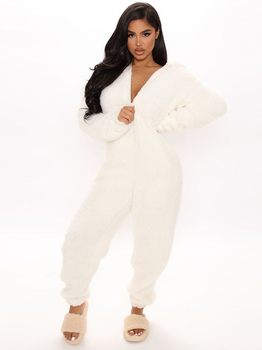 Loungewear- Faux Fur Loungewear Hooded Bear Suit Coveralls- White- Pekosa Women Clothing