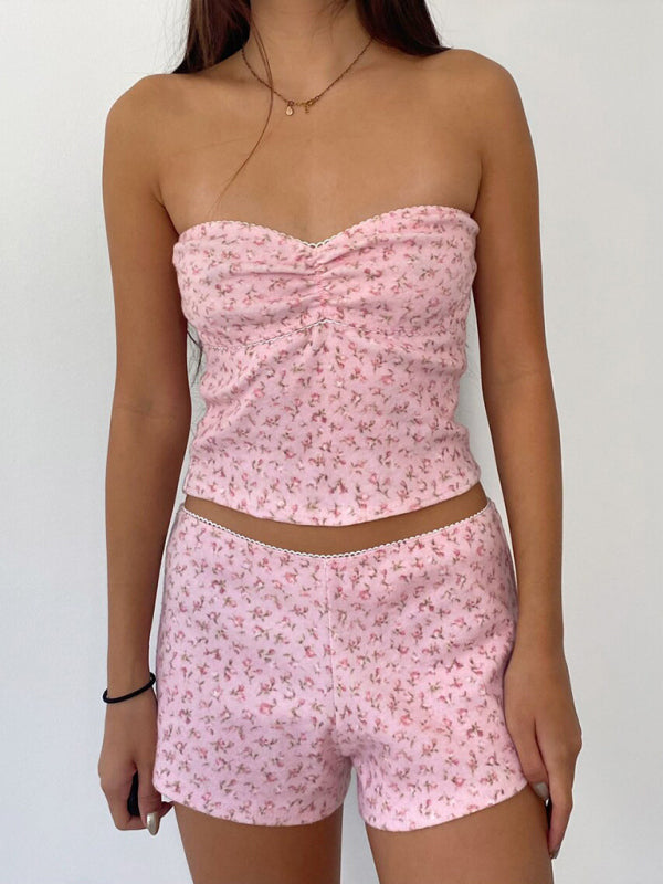 Loungewear- Floral Print Tube Top and Shorts - 2-Piece Summer Loungewear- Pink- Pekosa Women Clothing