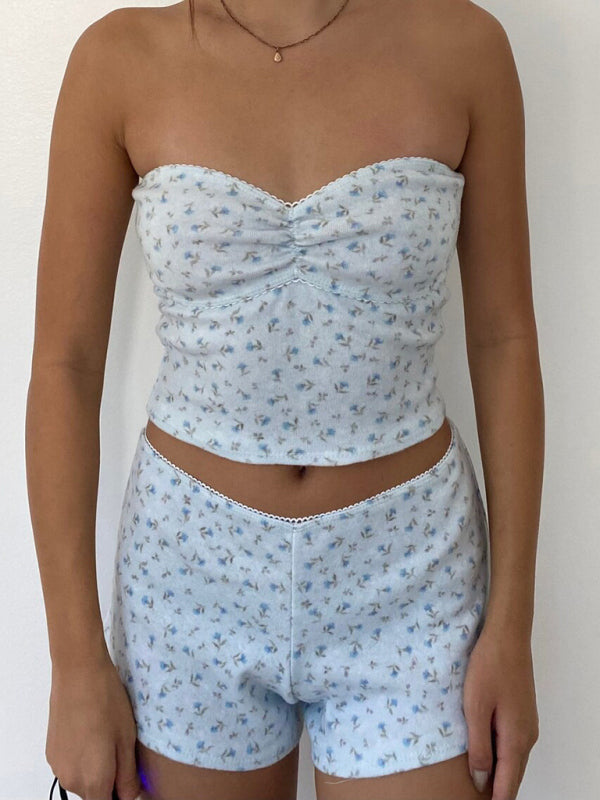 Loungewear- Floral Print Tube Top and Shorts - 2-Piece Summer Loungewear- Sky blue azure- Pekosa Women Clothing