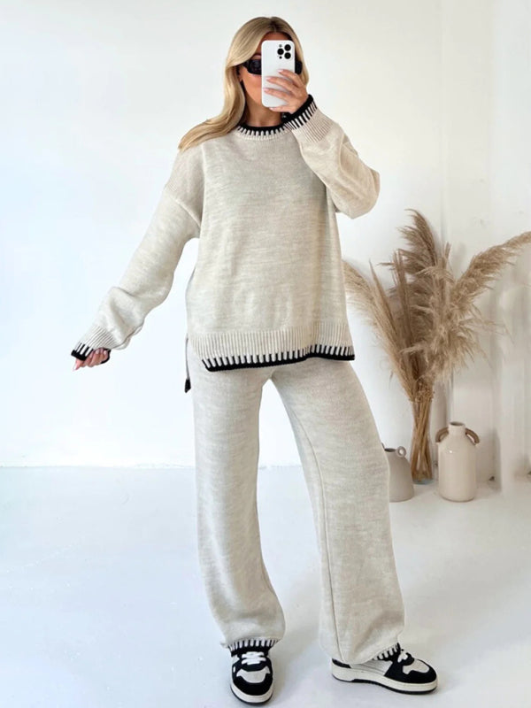 Loungewear- Knit Embroidered 2-Piece - Comfy Sweater & Casual Pants- Cream- Pekosa Women Clothing