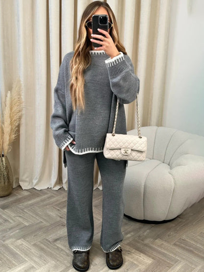 Loungewear- Knit Embroidered 2-Piece - Comfy Sweater & Casual Pants- Grey- Pekosa Women Clothing