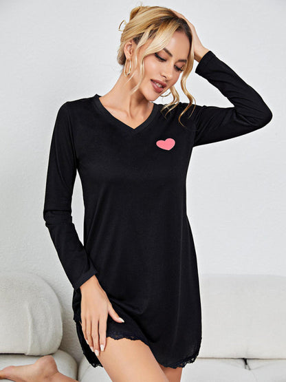 Loungewear- Lace-Edged Loungewear Tee | Mid-Length Nightdress- - Pekosa Women Clothing