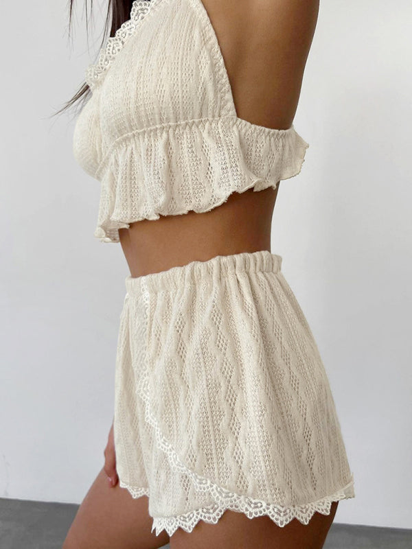 Loungewear- Laid-back Summer Textured 2-Piece Loungewear - Boyshorts & Cami with Lace- - Pekosa Women Clothing