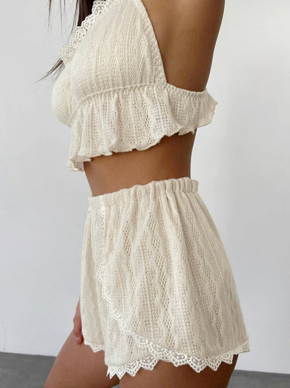 Loungewear- Laid-back Summer Textured 2-Piece Loungewear - Boyshorts & Cami with Lace- - Pekosa Women Clothing