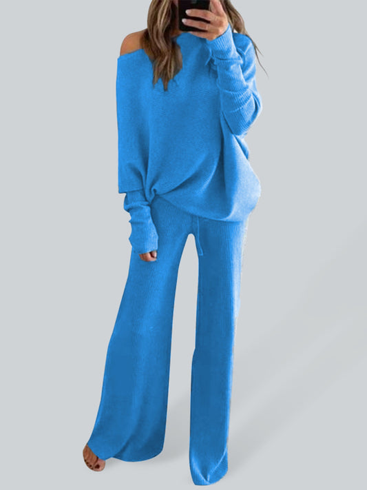 Loungewear- Lightweight Ribbed Knit Lounge Set - Flared Pants & One-Shoulder Top- Blue- Pekosa Women Clothing