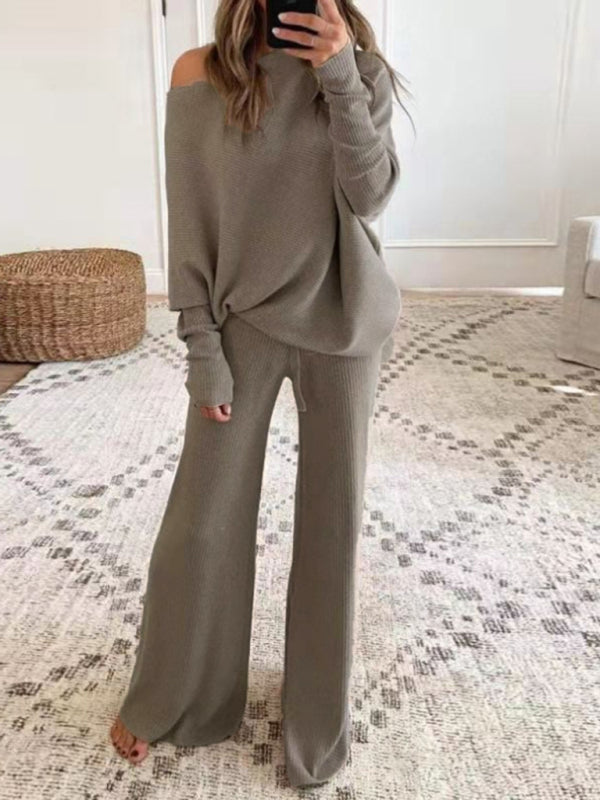 Loungewear- Lightweight Ribbed Knit Lounge Set - Flared Pants & One-Shoulder Top- Khaki- Pekosa Women Clothing