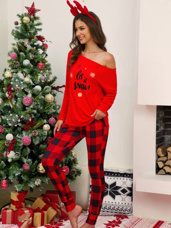 Loungewear- Loungewear Xmas Plaid Thanksgiving Pajamas T-Shirt and Tartan Pants- - Pekosa Women Clothing