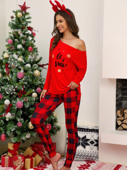 Loungewear- Loungewear Xmas Plaid Thanksgiving Pajamas T-Shirt and Tartan Pants- - Pekosa Women Clothing