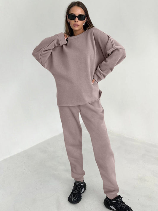 Loungewear- Patchwork Loungewear 2-Piece - Sweatpants & Relaxed Sweatshirt- Khaki- Pekosa Women Clothing