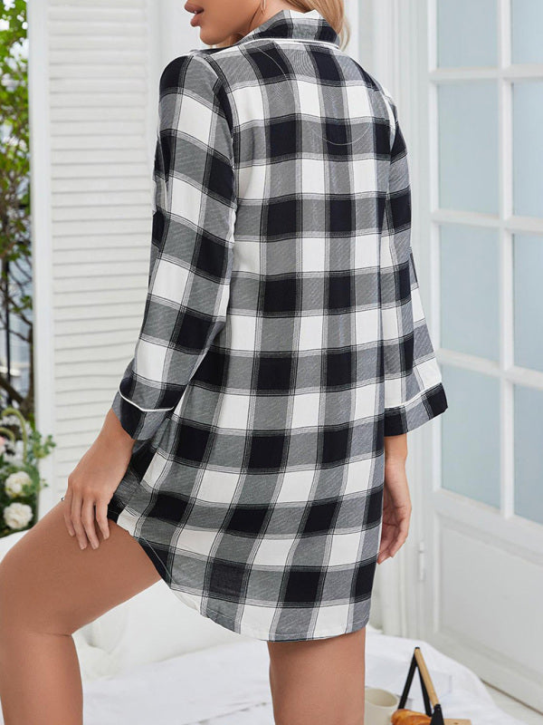 Loungewear- Plaid Loungewear Mid-Length Shirt Nightdress- - Pekosa Women Clothing