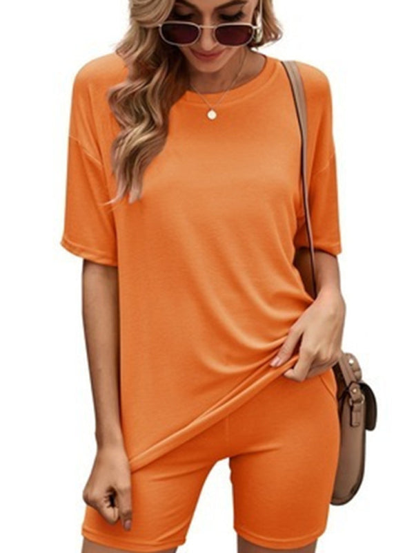 Loungewear- Short Sleeve Tee with Biker Shorts Lounge 2-Piece- Orange- Pekosa Women Clothing