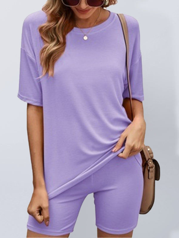 Loungewear- Short Sleeve Tee with Biker Shorts Lounge 2-Piece- Purple- Pekosa Women Clothing