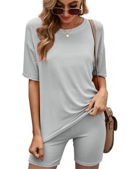 Loungewear- Short Sleeve Tee with Biker Shorts Lounge 2-Piece- Grey- Pekosa Women Clothing