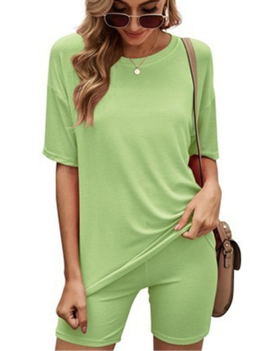 Loungewear- Short Sleeve Tee with Biker Shorts Lounge 2-Piece- Green- Pekosa Women Clothing