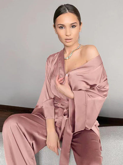 Loungewear- Silky 2-Piece Satin Sleepwear Set - Wrap Kimono Top and Pants- Pink- Pekosa Women Clothing