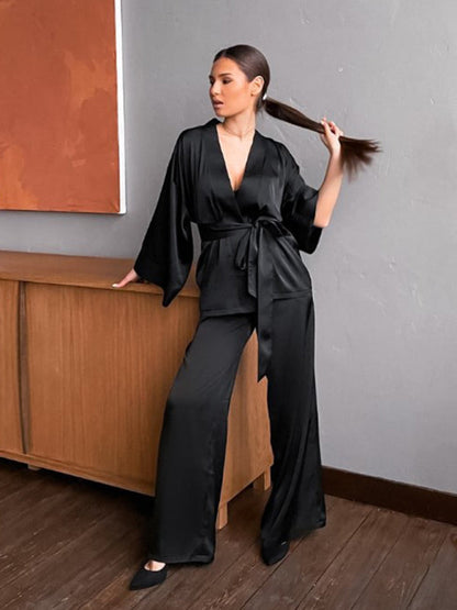 Loungewear- Silky 2-Piece Satin Sleepwear Set - Wrap Kimono Top and Pants- Black- Pekosa Women Clothing