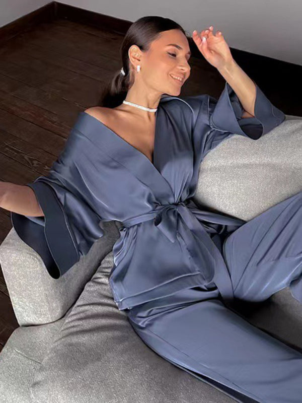 Loungewear- Silky 2-Piece Satin Sleepwear Set - Wrap Kimono Top and Pants- Blue- Pekosa Women Clothing