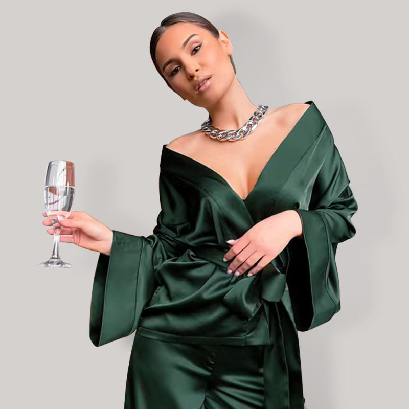 Loungewear- Silky 2-Piece Satin Sleepwear Set - Wrap Kimono Top and Pants- Green- Pekosa Women Clothing