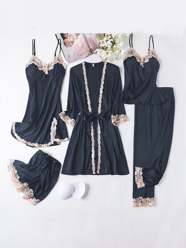 Loungewear & Sleepwear- Satin Lace PJs 5-Piece Set - Robe, Cami, Chemise, Pants & Shorts- Black- Pekosa Women Clothing