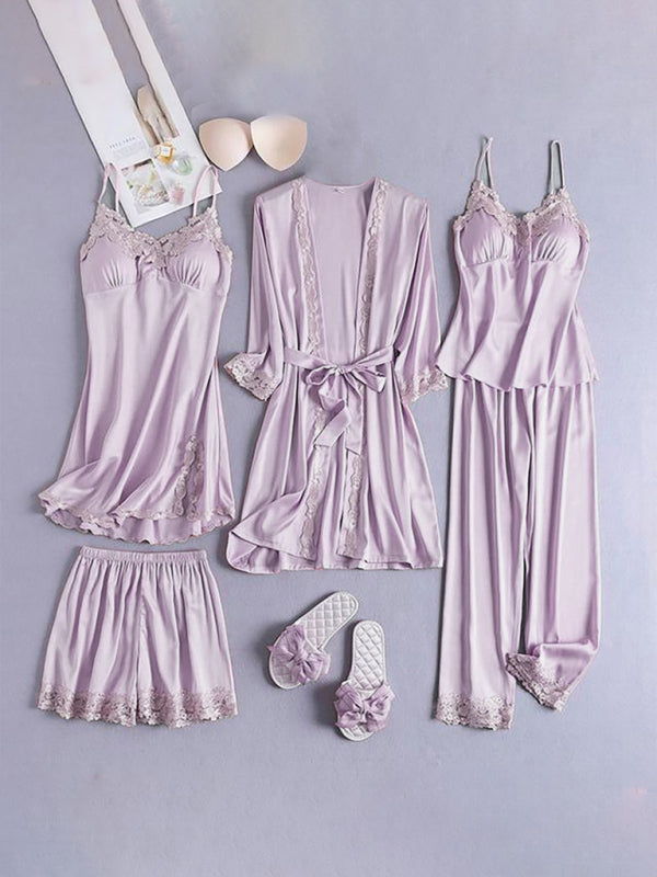 Loungewear & Sleepwear- Satin Lace PJs 5-Piece Set - Robe, Cami, Chemise, Pants & Shorts- Pink- Pekosa Women Clothing