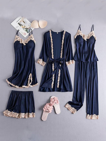 Loungewear & Sleepwear- Satin Lace PJs 5-Piece Set - Robe, Cami, Chemise, Pants & Shorts- Champlain color- Pekosa Women Clothing