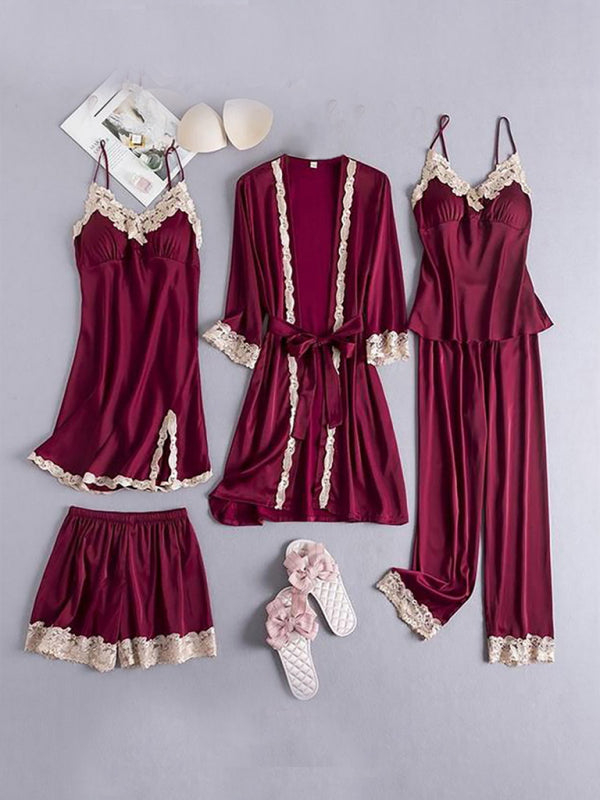 Loungewear & Sleepwear- Satin Lace PJs 5-Piece Set - Robe, Cami, Chemise, Pants & Shorts- Wine Red- Pekosa Women Clothing