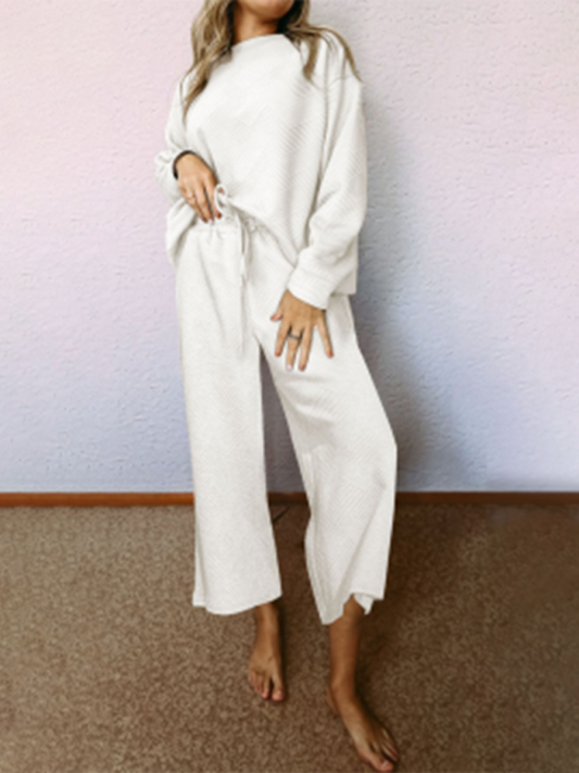 Loungewear- Solid Relax Fit Essential 2-Piece Loungewear | Pants & Pullover- White- Pekosa Women Clothing