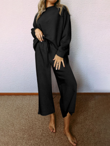 Loungewear- Solid Relax Fit Essential 2-Piece Loungewear | Pants & Pullover- Black- Pekosa Women Clothing