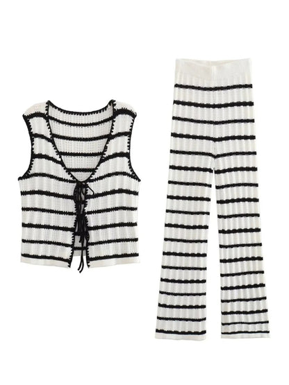 Loungewear- Summer Lounging Tie-Front Tank Top & Stripe Pants- - Pekosa Women Clothing