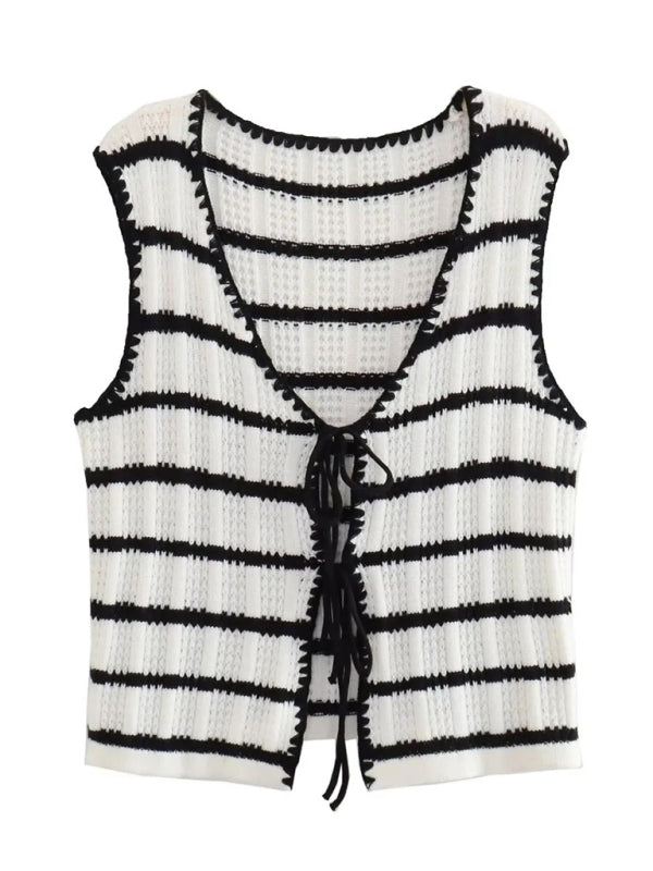 Loungewear- Summer Lounging Tie-Front Tank Top & Stripe Pants- - Pekosa Women Clothing