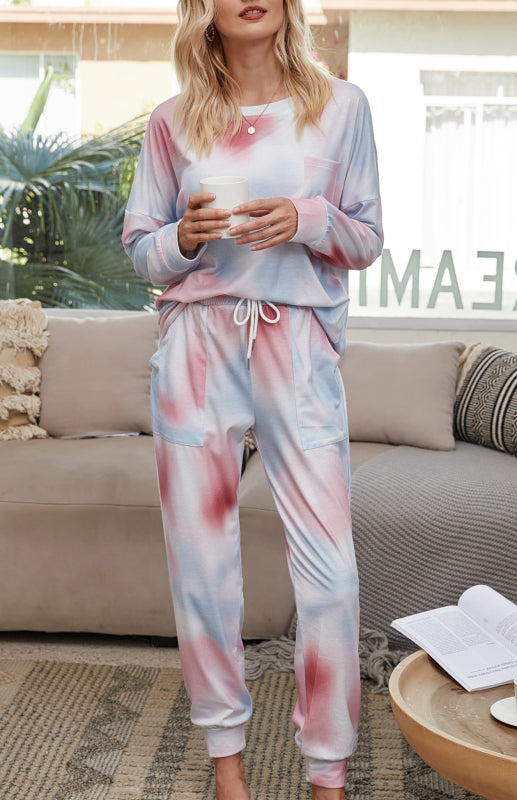 Loungewear- Tie Dye Duo Cotton Loungewear - Long Sleeves Tee and Pencil Pants- print 1- Pekosa Women Clothing