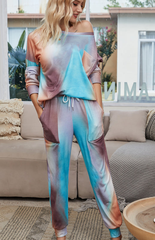 Loungewear- Tie Dye Duo Cotton Loungewear - Long Sleeves Tee and Pencil Pants- - Pekosa Women Clothing