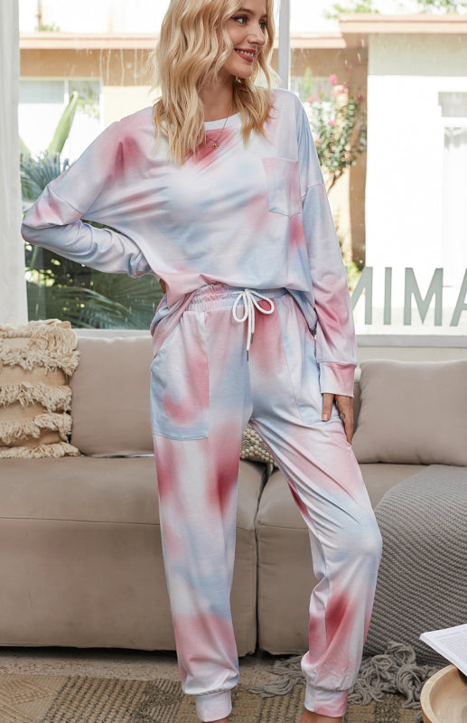 Loungewear- Tie Dye Duo Cotton Loungewear - Long Sleeves Tee and Pencil Pants- - Pekosa Women Clothing