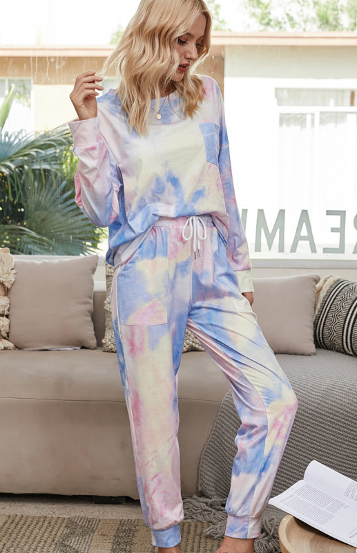 Loungewear- Tie Dye Duo Cotton Loungewear - Long Sleeves Tee and Pencil Pants- - Pekosa Women Clothing