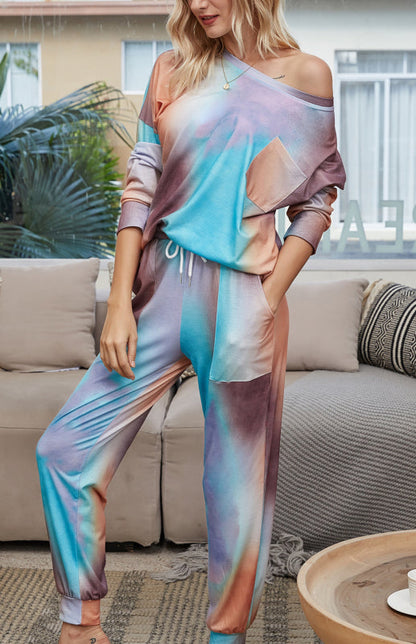 Loungewear- Tie Dye Duo Cotton Loungewear - Long Sleeves Tee and Pencil Pants- - Pekosa Women Clothing