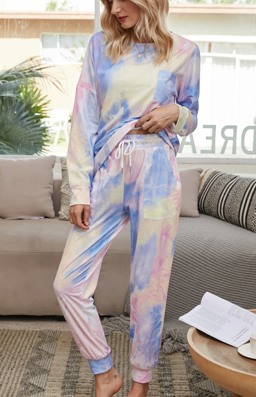 Loungewear- Tie Dye Duo Cotton Loungewear - Long Sleeves Tee and Pencil Pants- print 3- Pekosa Women Clothing