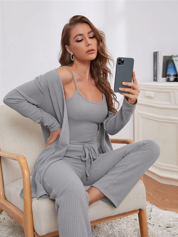 Loungewear- Women's 3 Piece Textured Loungewear Set - Pants, Cami & Cardigan- - Pekosa Women Fashion