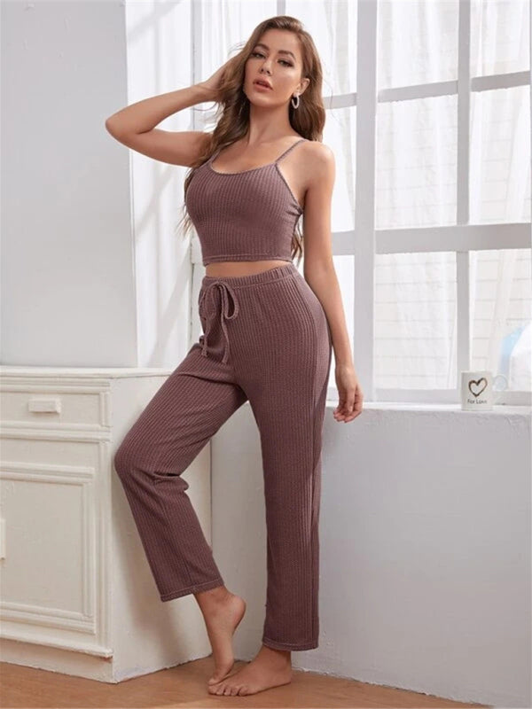 Loungewear- Women's 3 Piece Textured Loungewear Set - Pants, Cami & Cardigan- - Pekosa Women Fashion