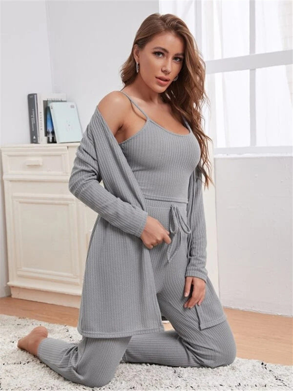 Loungewear- Women's 3 Piece Textured Loungewear Set - Pants, Cami & Cardigan- - Pekosa Women Fashion