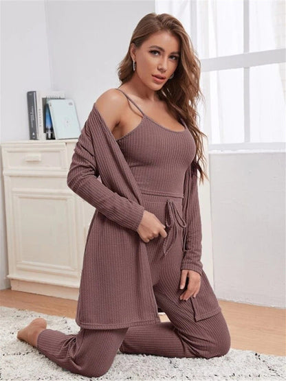 Loungewear- Women's 3 Piece Textured Loungewear Set - Pants, Cami & Cardigan- Lavender- Pekosa Women Fashion