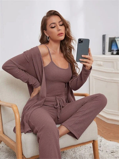 Loungewear- Women's 3 Piece Textured Loungewear Set - Pants, Cami & Cardigan- - Pekosa Women Fashion